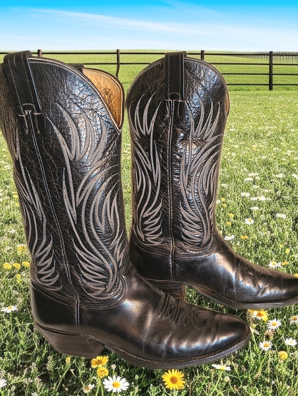 Men's Nocona Western Cowboy Boots 9.5E, Black Leather Excellent Vintage Cond.